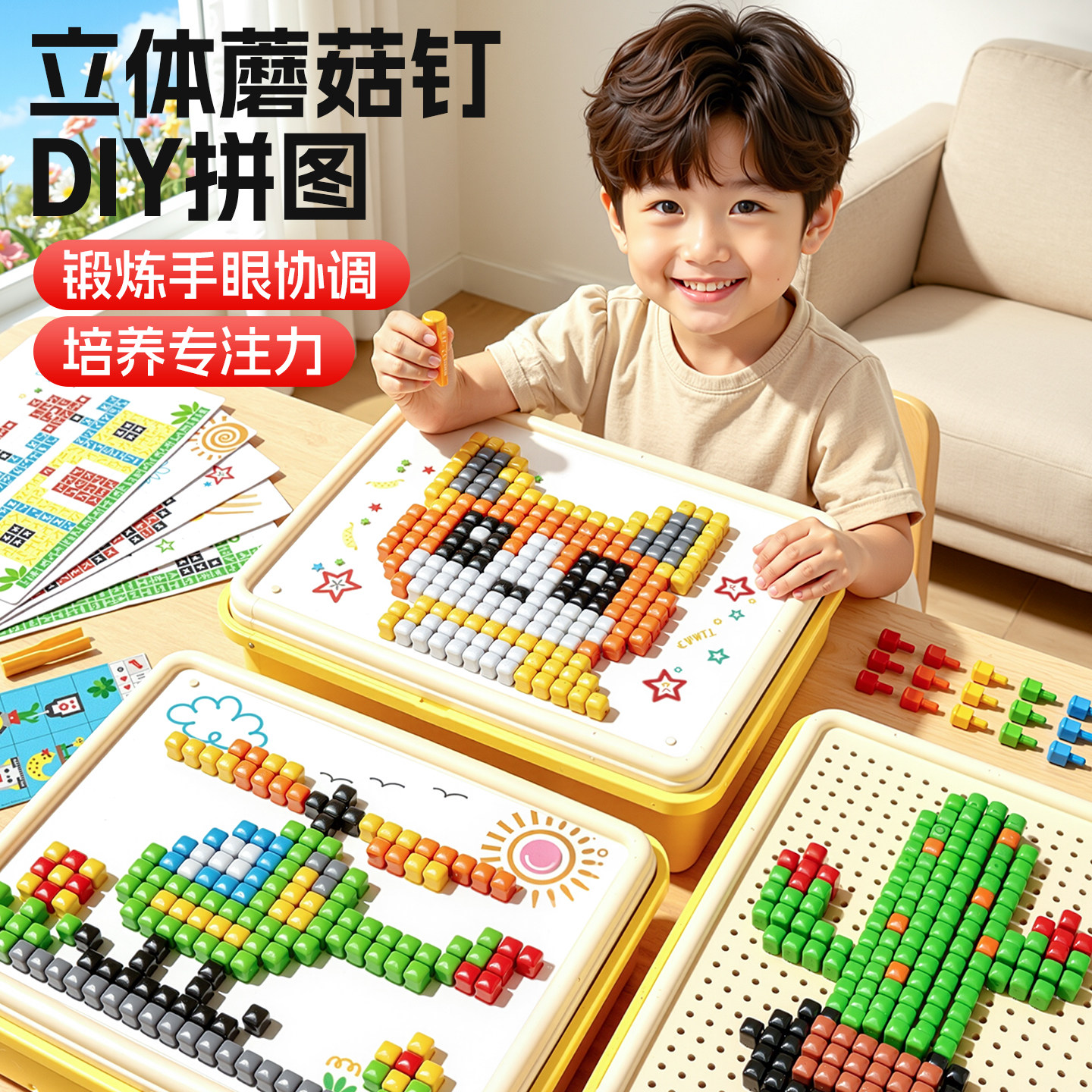 3D立体蘑菇钉拼图3到6岁益智玩具