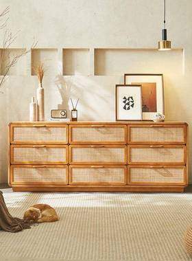 侘寂实木藤六斗25149樱桃色餐柜抽屉收纳柜编储物柜子柜日式玄风
