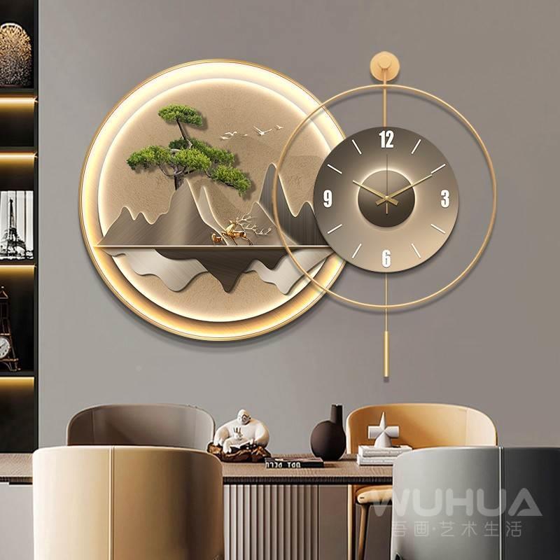 迎客松餐厅装饰画高档钟表挂钟led灯画饭厅挂画客厅麋鹿时钟壁画