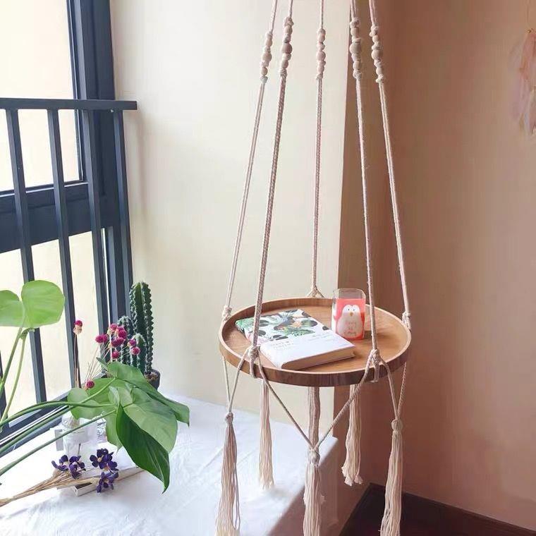 ins北欧风手工编织悬挂吊桌边几卧室床头柜民宿阳台花架置物架