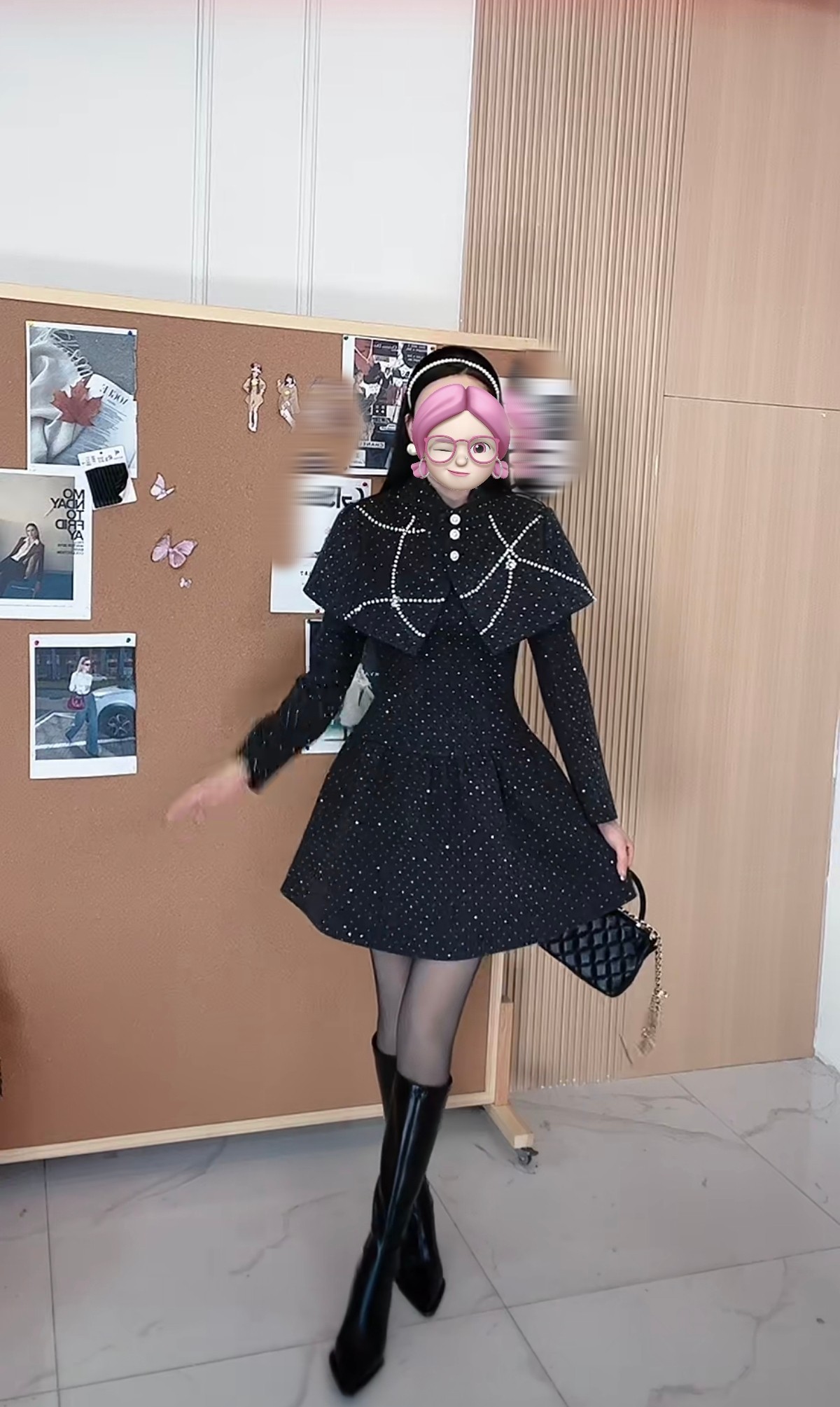 法式小香风千金感穿搭蝴蝶结斗篷外套收腰双排扣连衣裙两件套