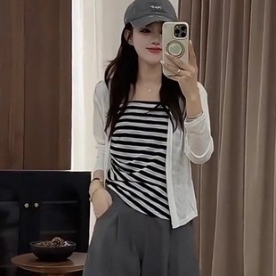 小个子高腰长袖 叠穿上衣女2025超火两件套夏装 条纹背心冰丝针织衫