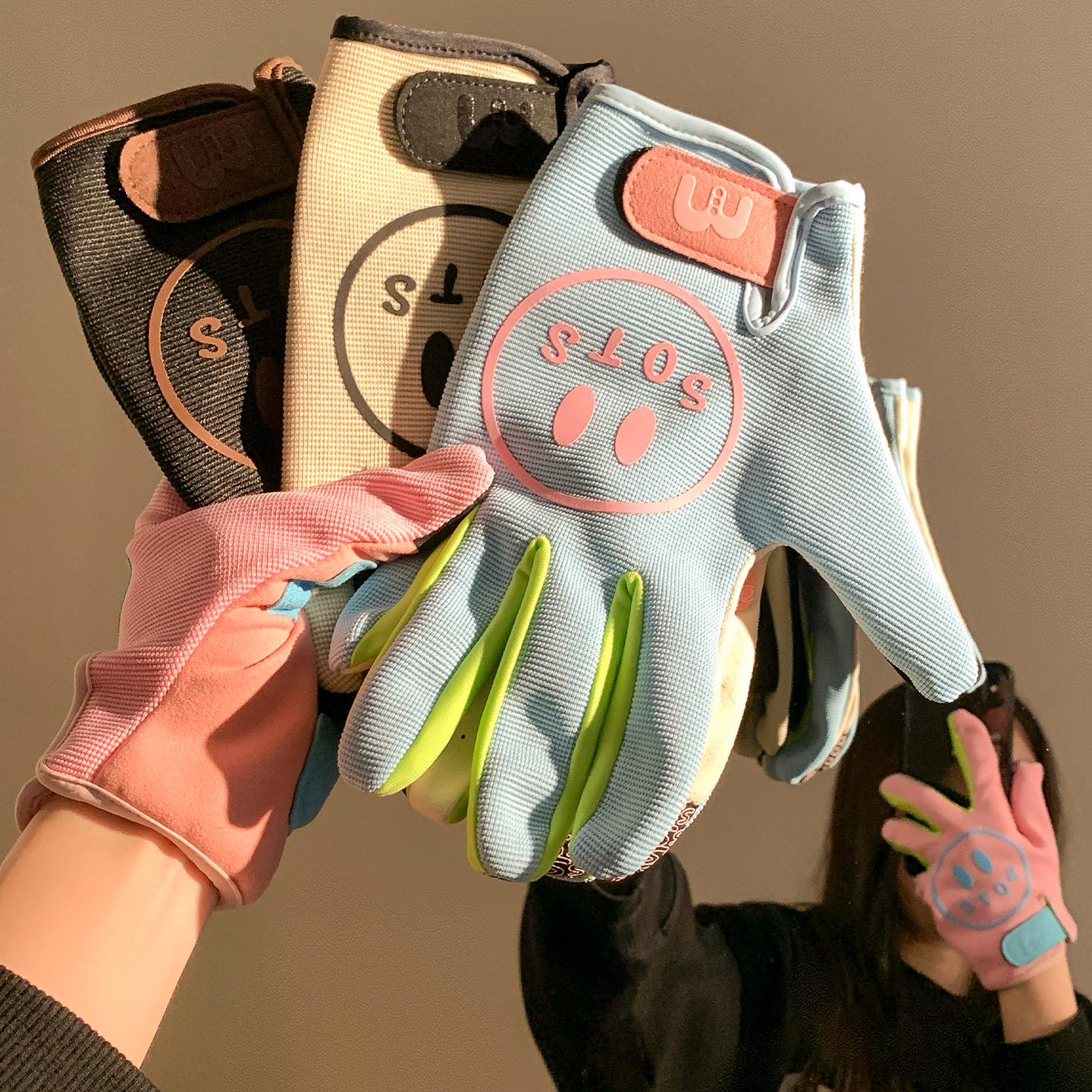 可爱笑脸骑行手套女款冬季摩托车户外机车防风防寒保暖电动车骑车