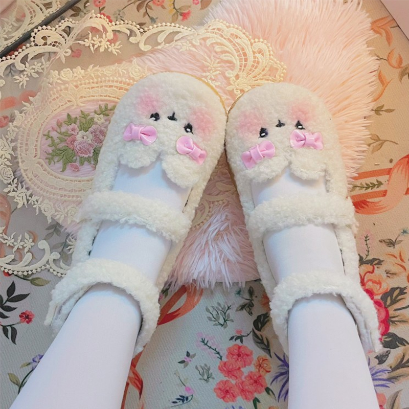 仙女教母小甜熊lo鞋加绒原创Lo鞋可爱毛绒保暖圆头洛丽塔软底单鞋