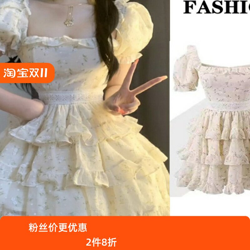 碎花连衣裙女法式芭蕾风2025夏新款方领气质收腰蛋糕裙蓬蓬短裙子