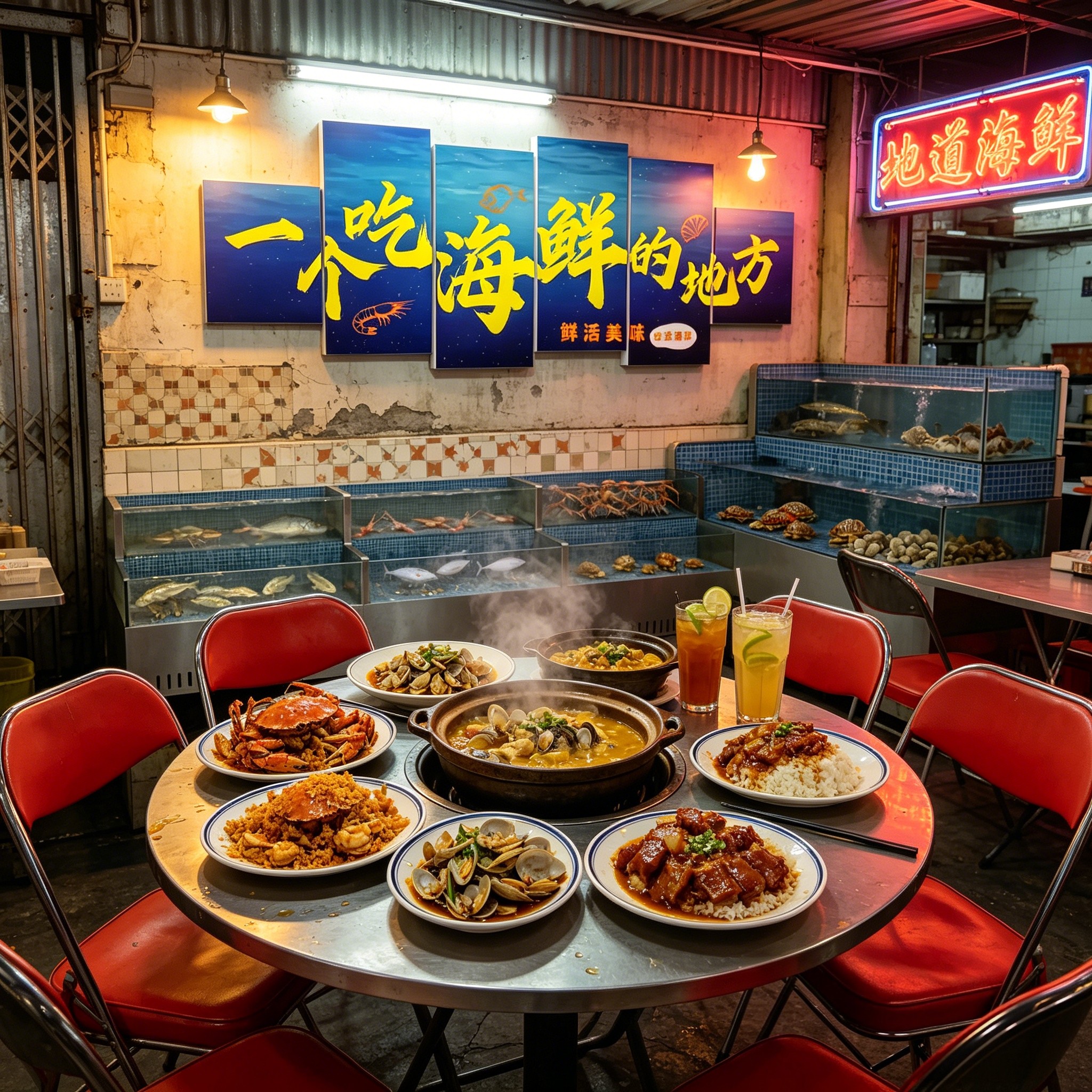 海鲜店墙面装饰壁画贴纸龙虾餐厅饭大排档馆水产加工广告玻璃海报
