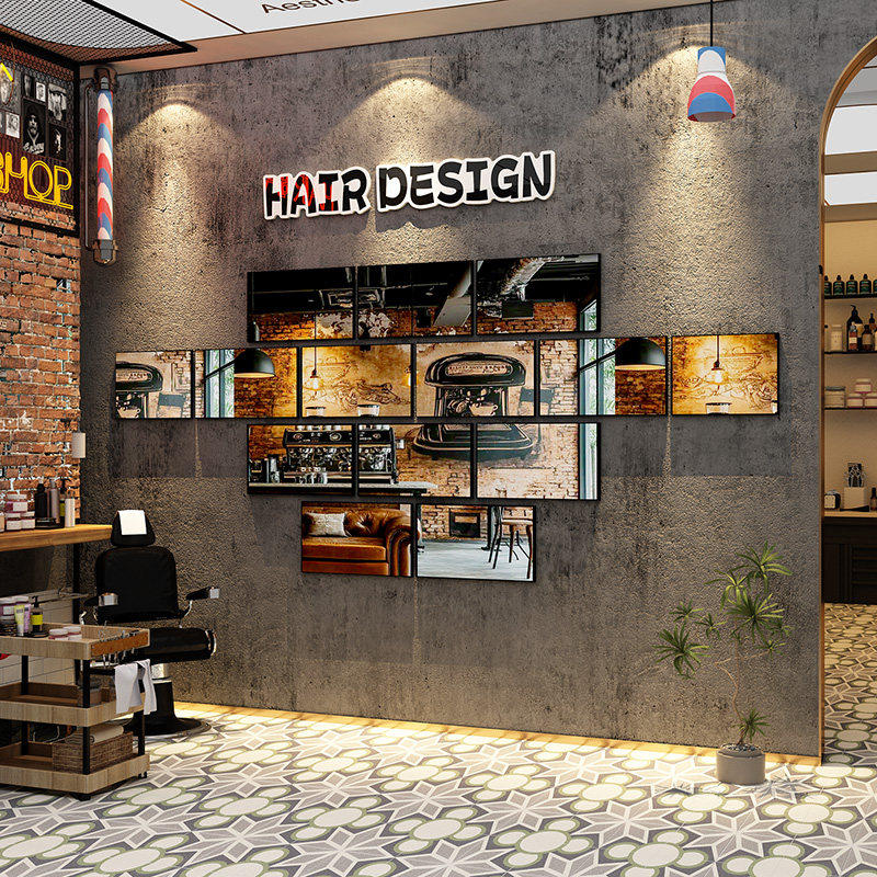 网红理发店涂鸦镜子打卡墙面装饰品美发廊氛围布置背景形象高级感