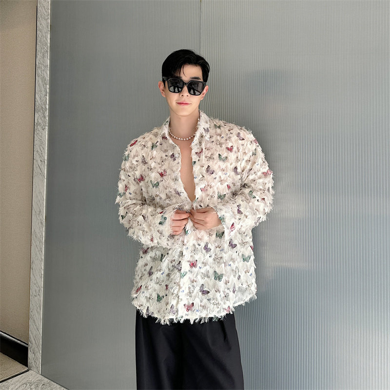 春夏韩版蝴蝶印花宽松长袖衬衫高级感流苏衬衣男飘逸感P75图片