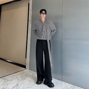 时髦格子衬衫棉麻弹性休闲飘带衬衣男女同款潮P85图片
