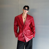 韩版鳄鱼皮纹垫肩亮皮西装皮衣黑红两色潮流痞帅西装外套P155，男装西服套装，星座1111（原C206）