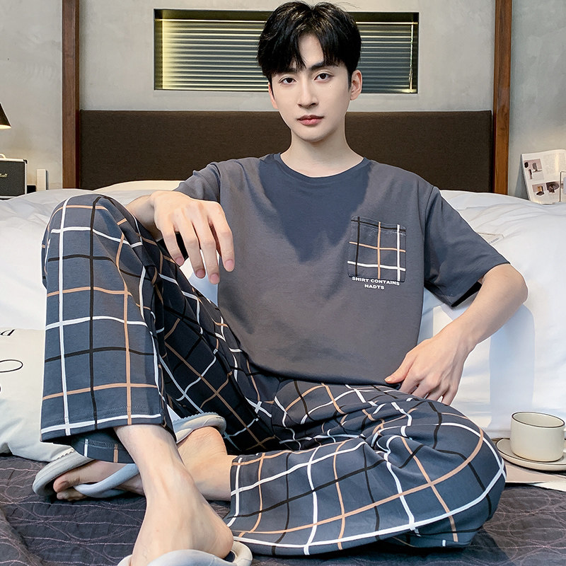 【日本むいひ轻奢】夏季男款睡衣纯棉薄款短袖长裤家居服休闲套装