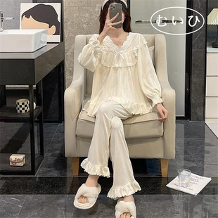 日本むいひ轻奢 蕾丝纯欲长袖 纯棉睡衣女款 法式 家居服 春秋冬款