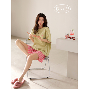 日本むいひ轻奢 夏季 睡衣女士短袖 家居服多巴胺套装 莫代尔 短裤