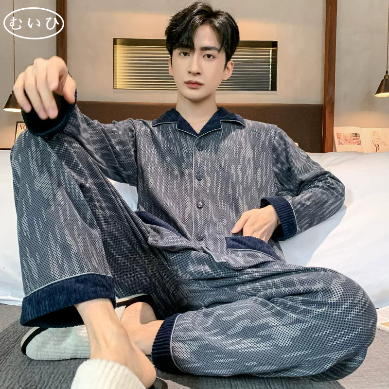 【日本むいひ轻奢】睡衣秋冬季纯棉长袖开衫男款时尚大码家居服
