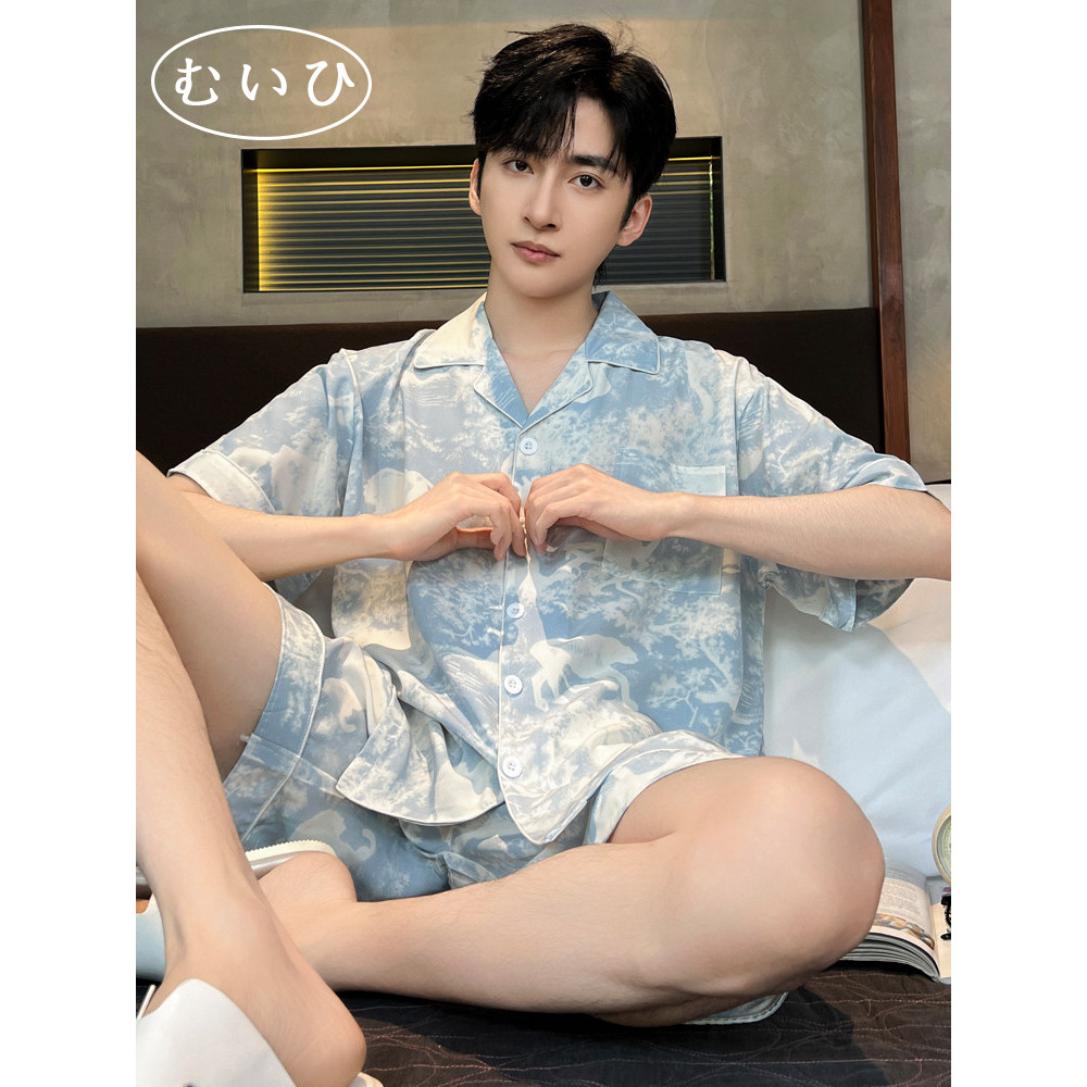 【日本むいひ轻奢】夏季冰丝睡衣男士短袖短裤薄款男款家居服套装