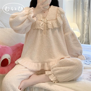 加厚公主风蕾丝家居服 高级珊瑚绒睡衣女冬款 日本むいひ轻奢