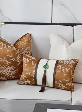 新中式店抱枕套客厅竹沙发刺绣靠垫套样板间酒高端靠枕叶腰枕JWU