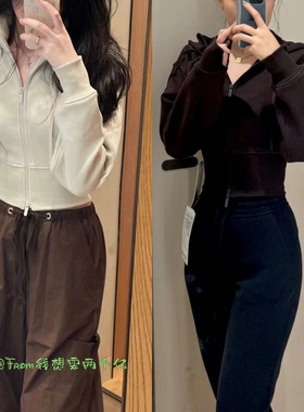 新品~FromLL冬季加绒收腰外套Plush Flce保暖连帽短款瑜伽夹克女