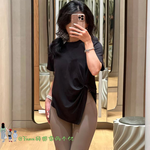 From本周新色~经典黑Side Split不规则扭结开叉短袖宽松瑜伽T恤女
