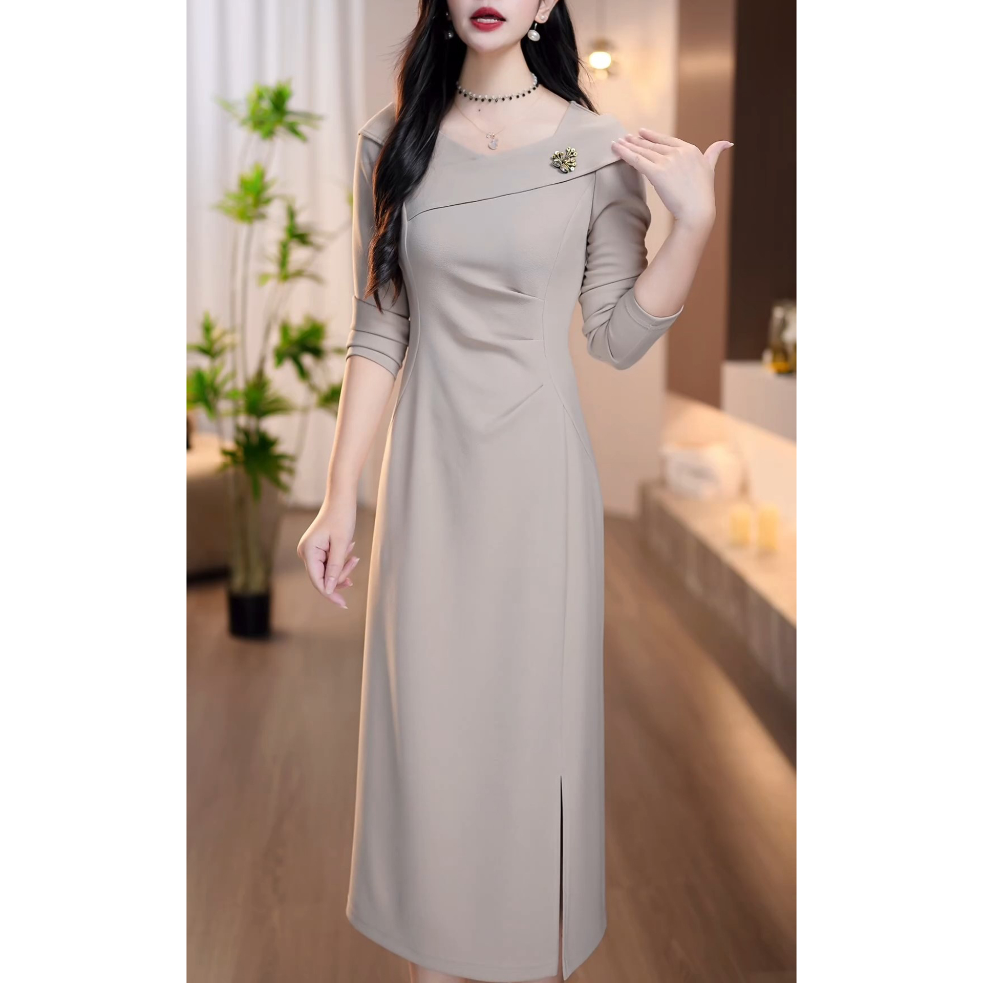 时尚气质开叉设计感长袖裙子