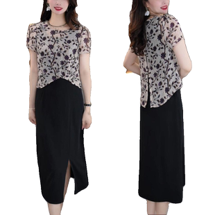 2025夏新款洋气显瘦花枝上衣两件套裙子女时尚气质拼接百搭连衣裙