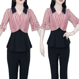 时尚减龄雪纺拼接套装女2026夏季新款条纹短袖上衣微喇叭裤两件套