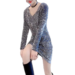 大码时尚亮片百搭V领A字裙子女2026春季新款收腰显瘦洋气连衣裙潮