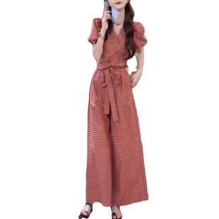 2026夏新款小个子套装女复古显瘦格子短袖上衣阔腿裤子休闲两件套