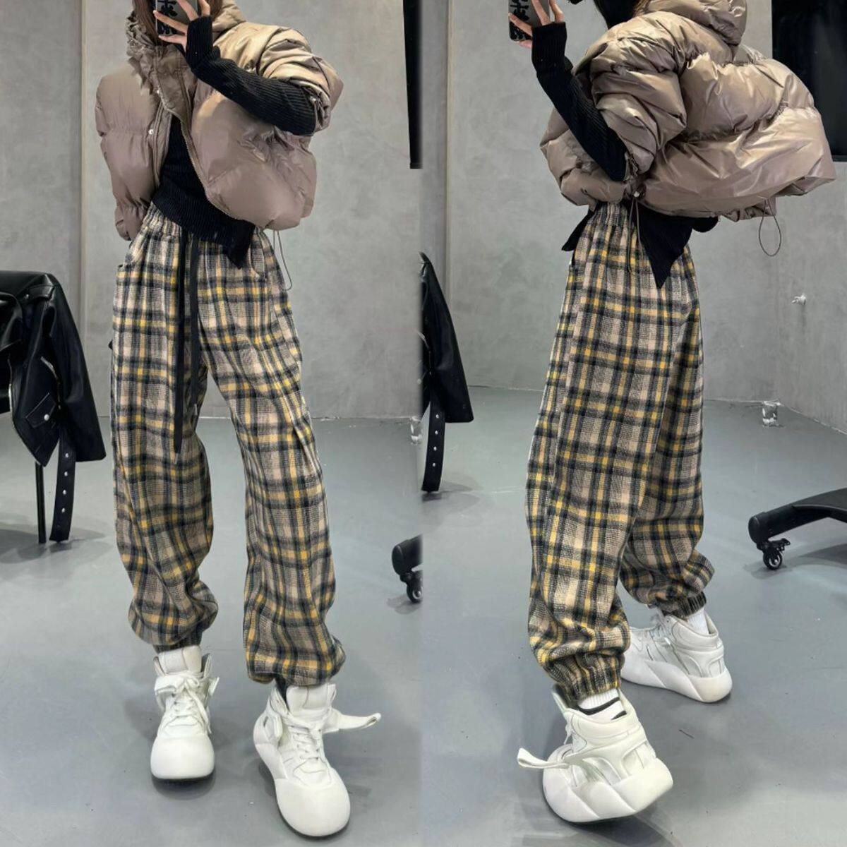 2025秋冬新款保暖高腰宽松显瘦哈伦裤复古加厚格子休闲裤束脚长裤,女装/女士精品,休闲裤,淘宝优惠券,粉丝福利购,淘宝优惠卷