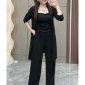 胖mm套装 大码 显瘦长袖 2026春季 外搭垂感直筒裤 时尚 开衫 三件套 新款