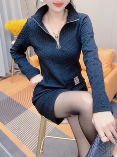 长袖连衣裙女2025秋冬季新款气质显瘦拉链半开领加厚百搭打底裙子