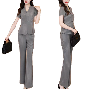 2026夏季新款气质显瘦国风盘扣短袖上衣微喇叭裤子职业两件套装女