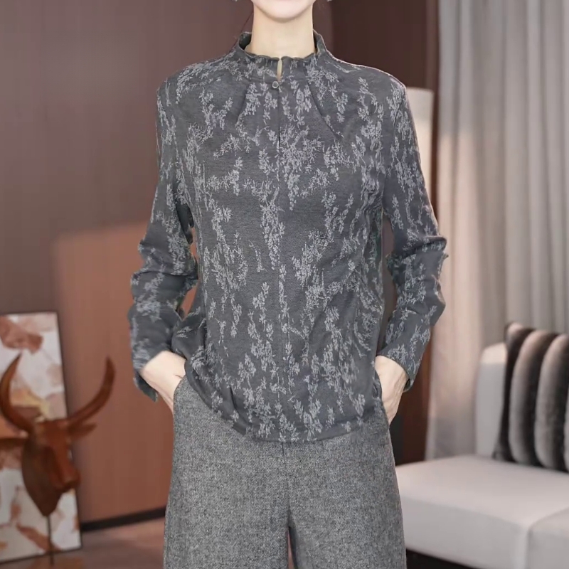 秋冬季印花长袖宽松百搭衬衫立领纽扣拼色条纹时尚显瘦打底上衣女