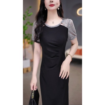高级感法式短袖连衣裙女夏季新款气质收腰显瘦中长款休闲开衩裙子