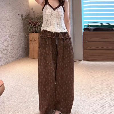 时尚设计感木耳边印花直筒裤潮