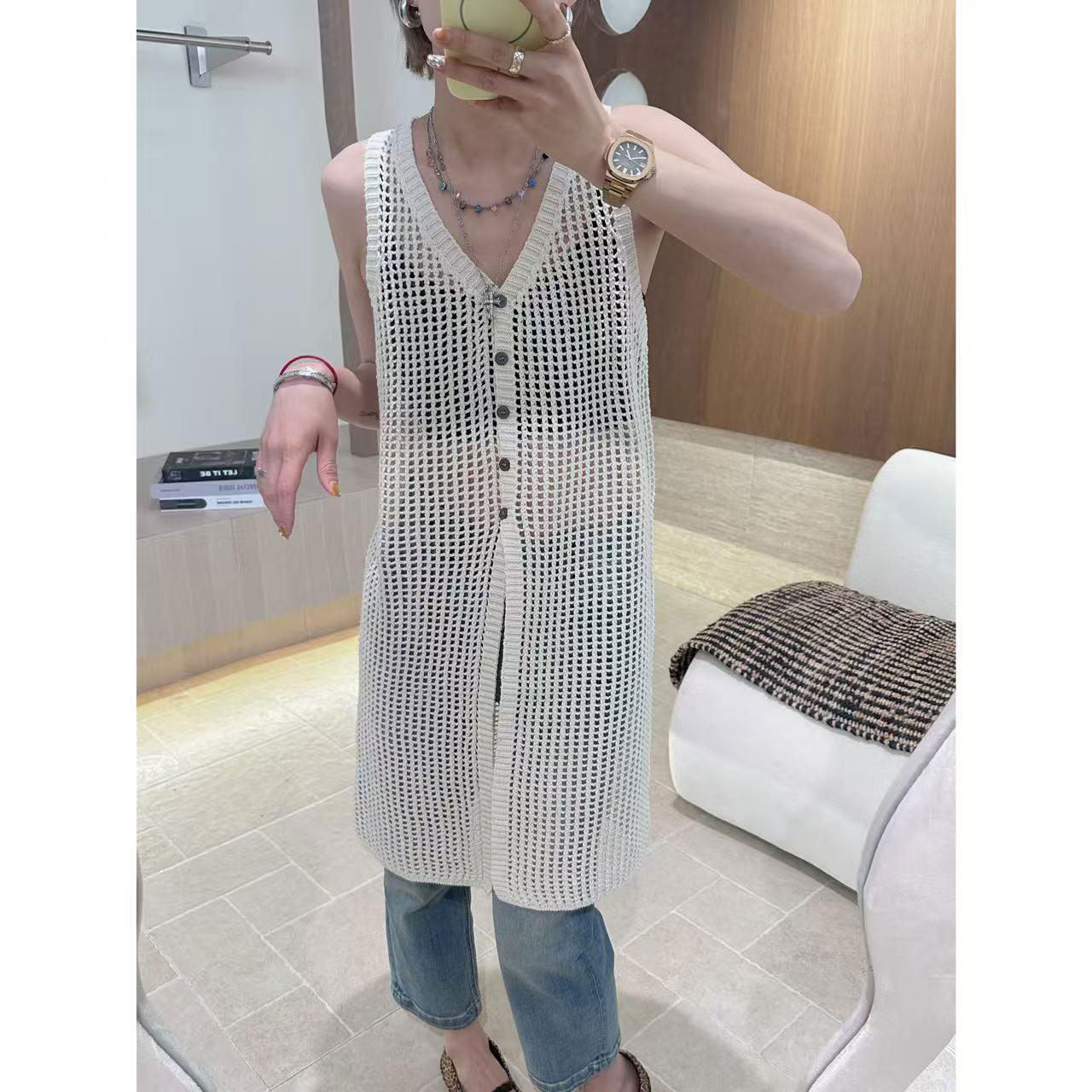 2026夏季新休闲显瘦中长款连衣裙时尚洋气镂空设计感针织背心裙女