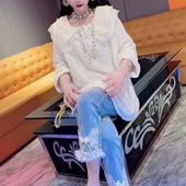 宽松显瘦百搭气质小衫 女2026年早春新款 重工娃娃领亮片蕾丝衫 时尚