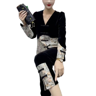 2026春季新款时尚丝绒气质大码显瘦中式盘扣上衣九分裤两件套装女