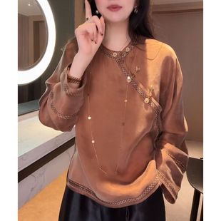 新中式斜襟盘扣优雅上衣2025秋季新款时尚洋气女士圆领设计感小衫