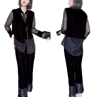 2026秋季新款国风时尚显瘦套装女新中式盘扣假两件衬衣裤子两件套