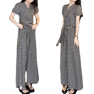 2026夏季新款小个子复古显瘦格子短袖上衣阔腿裤子休闲两件套装女