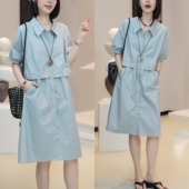 设计感收腰显瘦假两件工装 时尚 休闲裙子 连衣裙女夏季 新款 短袖 衬衫