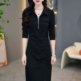 收腰显瘦遮肉褶皱中长款 时尚 新款 连衣裙2025秋季 裙子 洋气开叉长袖