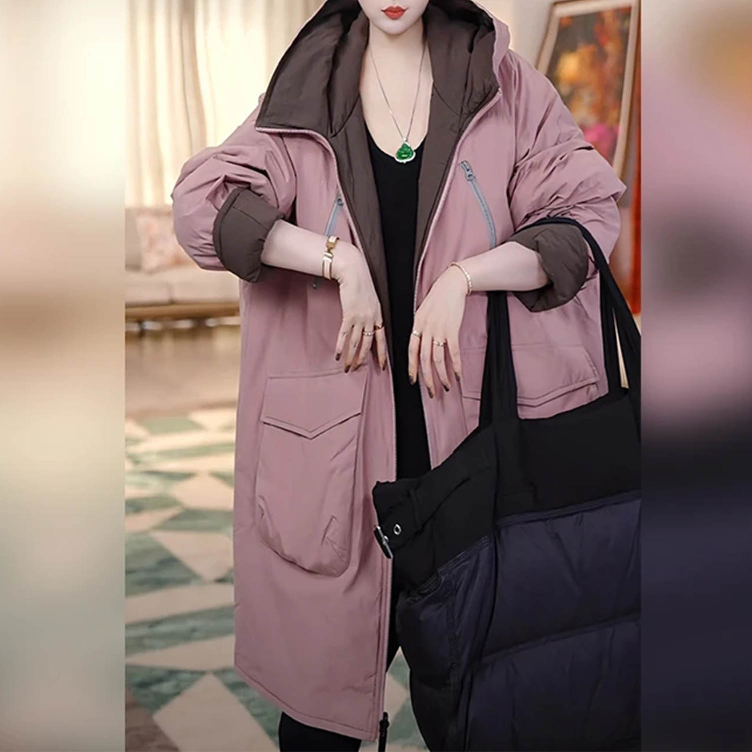 宽松显瘦中长款连帽棉服外套