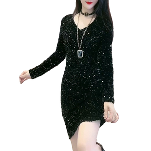 时尚大码亮片连衣裙女2026年春季新款显瘦收腰中长款百搭显瘦裙子