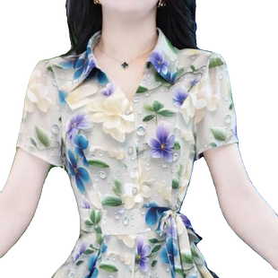 时尚短袖连衣裙女2026年夏季新款气质收腰显瘦中长款印花休闲裙子