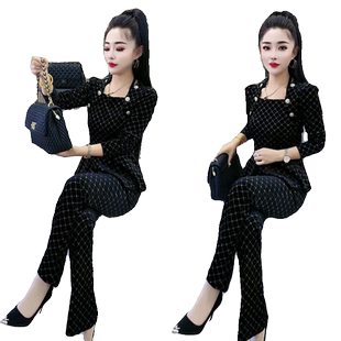 时尚小香风套装女2026春季新款气质遮肚显瘦方口领上衣裤子两件套