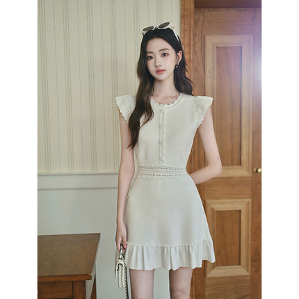 且可ChillCozy 玉兰香 凉感天丝混纺仿手勾小香风针织连衣裙女夏