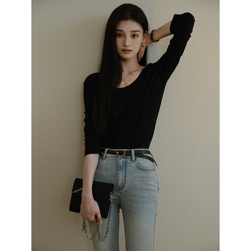 且可ChillCozy 舒意 透气冰丝雪花棉宽松百搭长袖U领纯色T恤女春