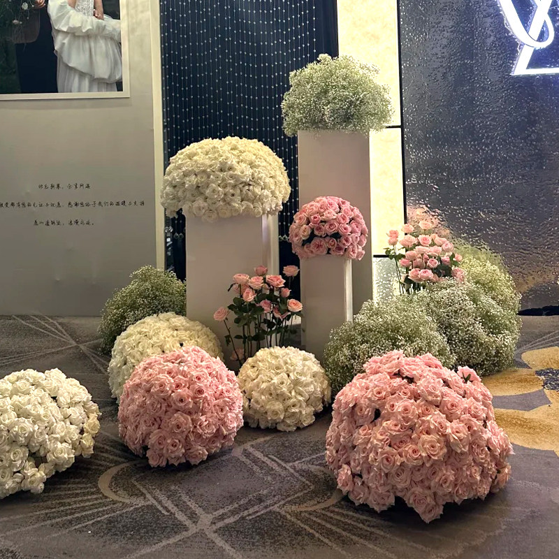 婚庆仿真花球粉色玫瑰婚礼半圆半球花艺绣球满天星假花布置装饰花